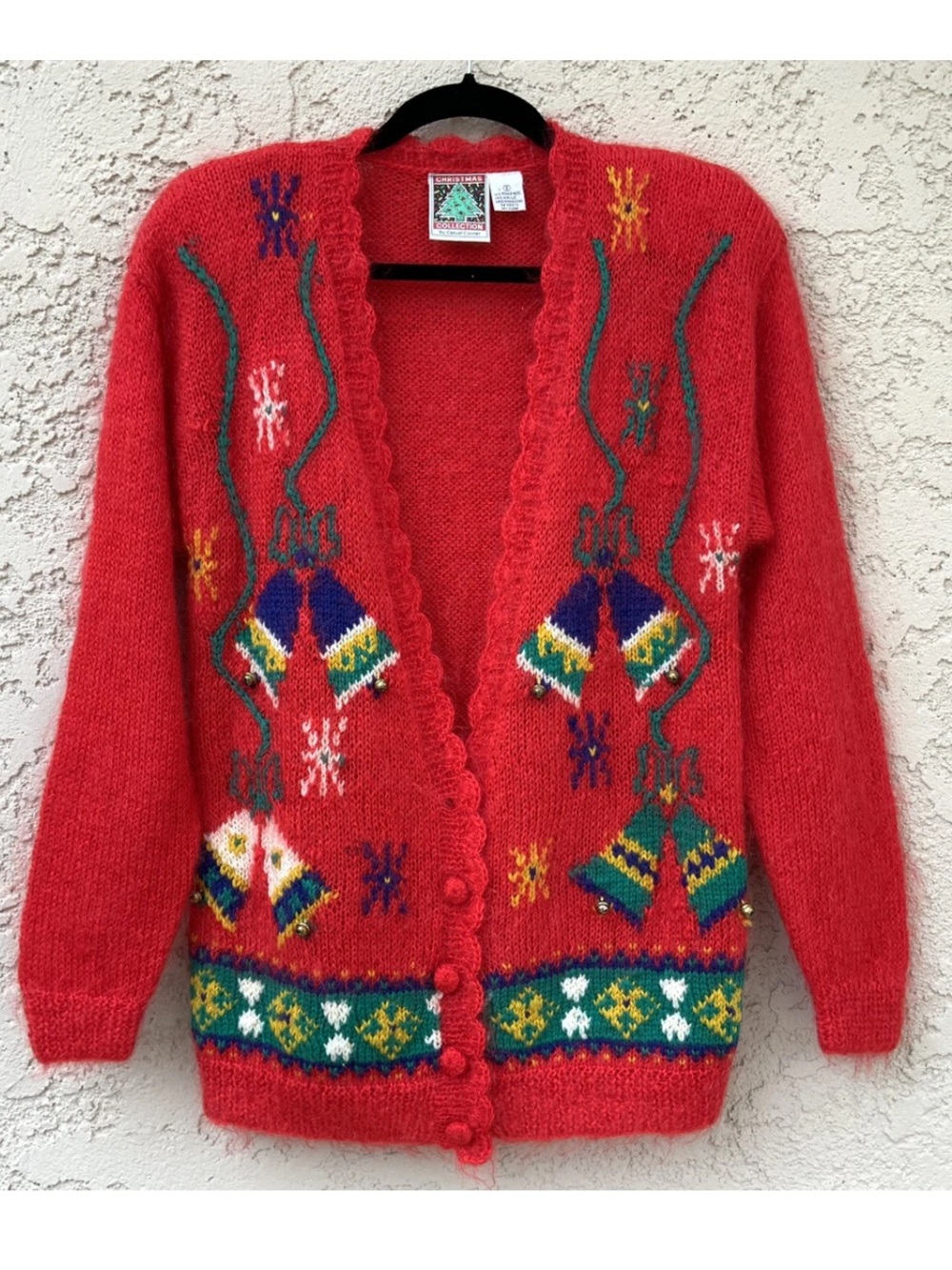 Casual Corner Mohair Wool Holiday Cardigan S Chunky Knit Jingle Holly Pattern